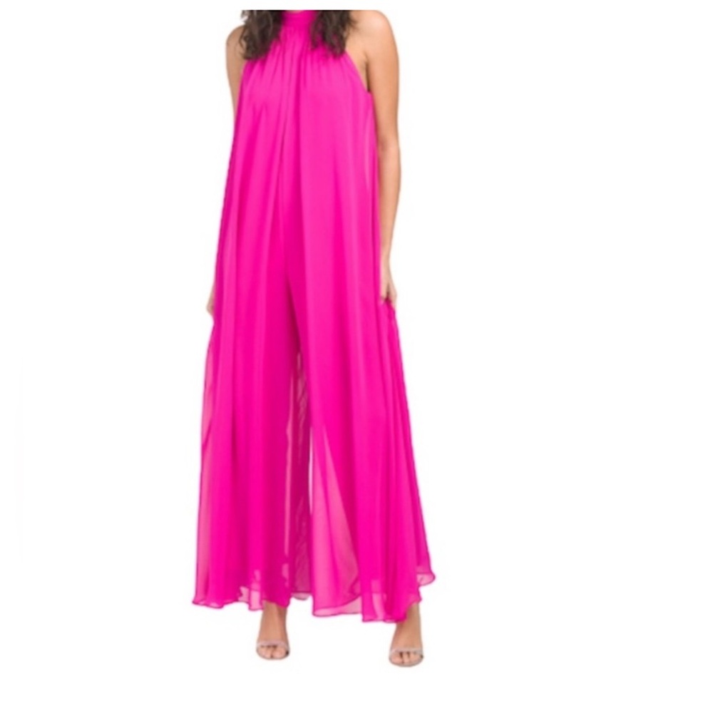 Fuchsia Halter Wide-Leg Chiffon Jumpsuit by 1.STATE Size L